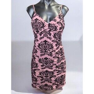 Windsor Dress Womens Large Pink Black Velvet Floral Ruched Bodycon Mini Party